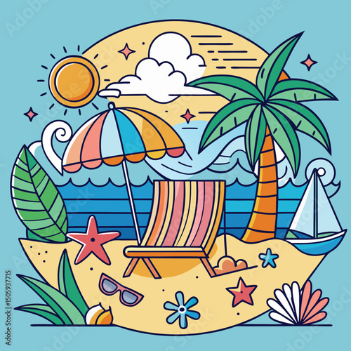 Tropical Beach Palm Tree Chair Parasol Relaxation