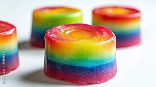 Kuih Lapis rainbow layered steamed cake, vibrant dessert on white background