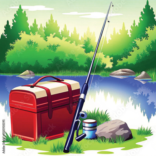 Fishing rod and cooler beside a lake surrounded by greenery  