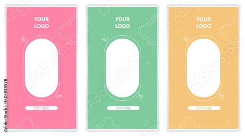 Modern blank template set with oval photo frames, pastel color backgrounds, and editable text areas, ideal for product display, branding, and social media design