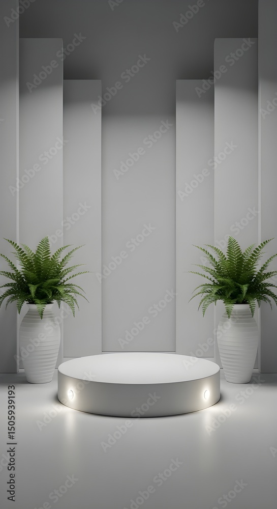 Fototapeta premium Minimalist White Exhibition Podium with Plants