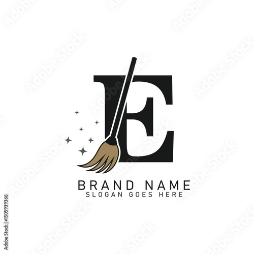 Letter E House Cleaning Broom Logo. Alphabet E Cleaning Brush Icon