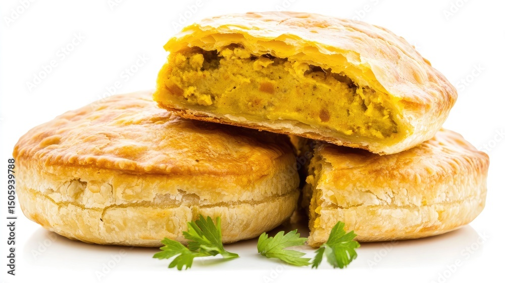 Malaysian curry puff with flaky pastry, bite taken, isolated on white background Malaysian curry puff with flaky pastry, bite taken, isolated on white background
