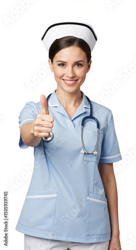 Nurse giving thumbs up while smiling in medical uniform  