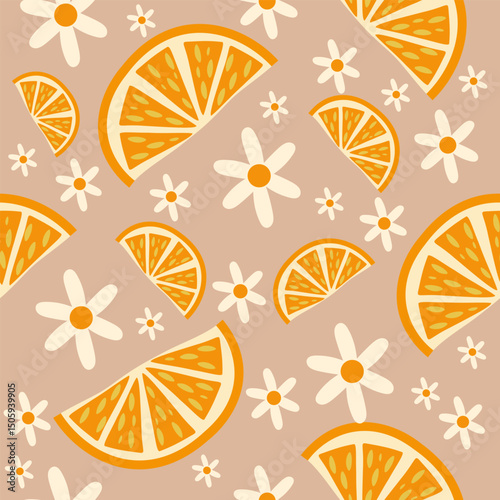 Orange slice and white daisy floral pattern on soft beige pink background