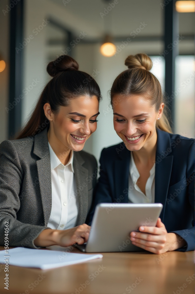 Two women sit at a table looking at a tablet, possibly reviewing or sharing content Two women sit at a table looking at a tablet, possibly reviewing or sharing content