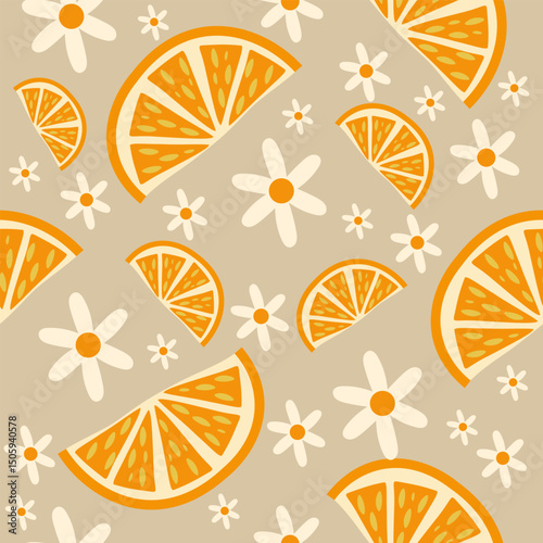 Subtle citrus fruit and daisy seamless pattern on soft taupe background