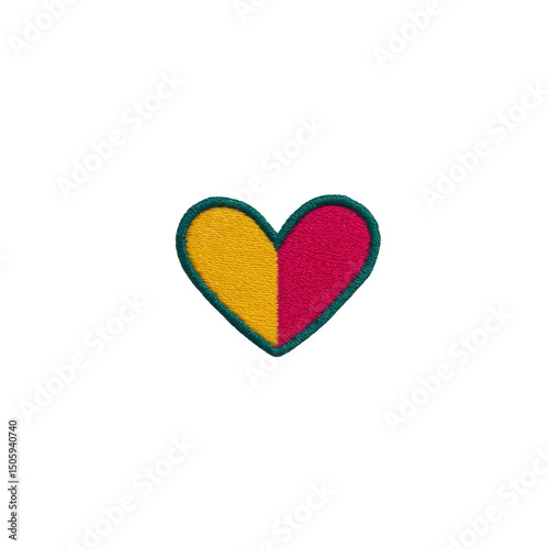 Colorful heart shaped patch with yellow and pink split design, outlined in green, on transparency background. patch has textured, embroidered appearance, adding playful and vibrant touch