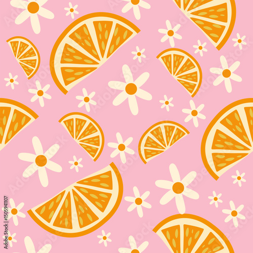 Seamless pattern with citrus orange and white daisies on pastel pink
