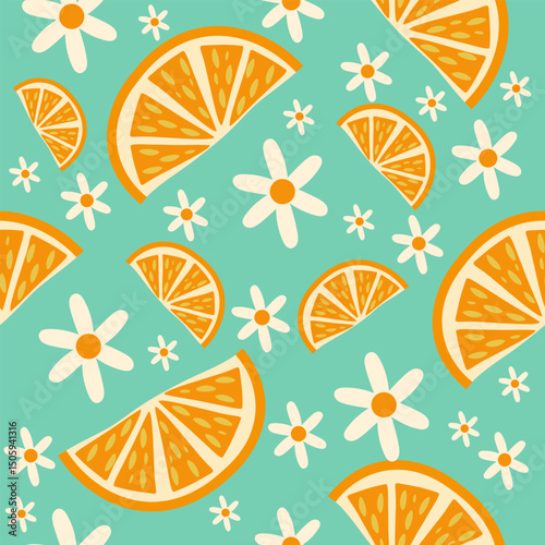 Seamless citrus orange and daisy floral pattern on mint green background