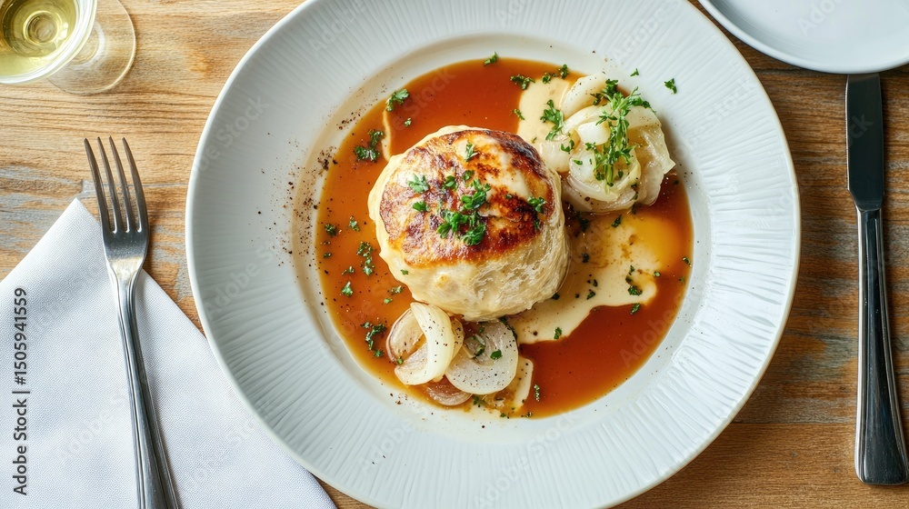 Maultaschen (German stuffed pasta) served with onions and broth, plated on white Maultaschen (German stuffed pasta) served with onions and broth, plated on white