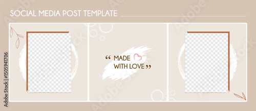 Elegant social media post template with photo placeholders, neutral beige background, and handwritten quote 'Made with Love' for handmade product promotion and branding