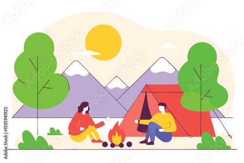 Couple camping outdoors enjoying a campfire near tent with mountains and trees in background