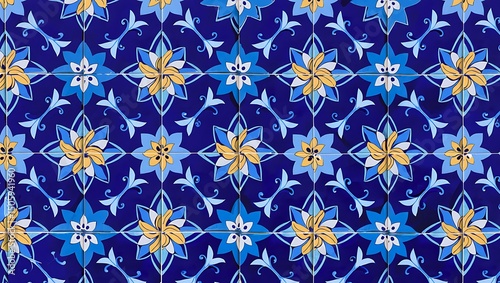 Detailed Blue and Yellow Floral Tile Pattern for Backgrounds and Designs