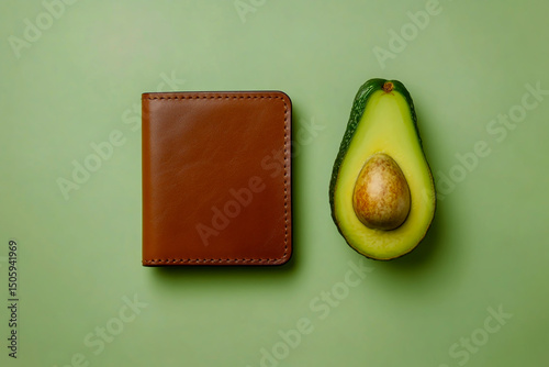 Minimalist leather wallet and ripe avocado placed on a soft light green background, flat layer composition, studio lighting, top-down view, clean and modern aesthetic,