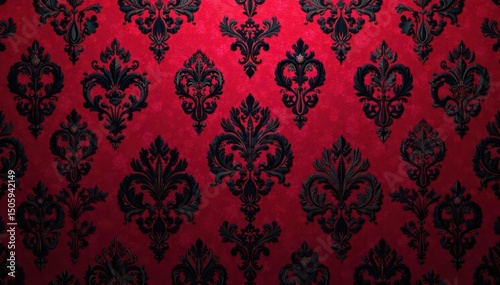 Bold arabesque damask pattern with rich burgundy and black accents , brocade, surface