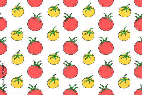 Seamless pattern with red and yellow tomatoes. Vegetable print for kitchen textiles, packaging, ketchup background, harvest festival banner.