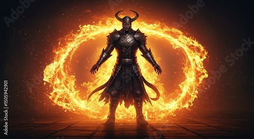 Dark Horned Warrior Before the Fiery Portal