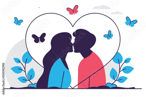 Couple silhouette kissing inside a heart shape symbolizing love and affection