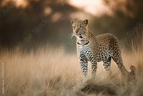 African Leopard Standing tall in the Wild Grassland Area