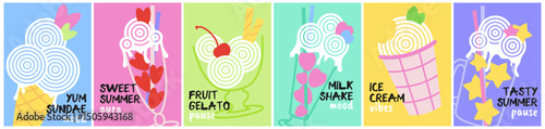 funny summer poster set with ice cream, milkshake, gelato. retro cover with frozen dessert