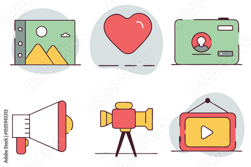 Colorful vector icons representing photography, social media, and content creation concepts