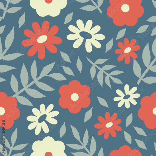 Seamless floral pattern with stylized red white flowers and muted gray leaves on a navy blue background.