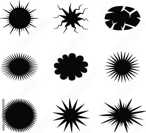 Collection of nine abstract black sunburst and starburst shapes