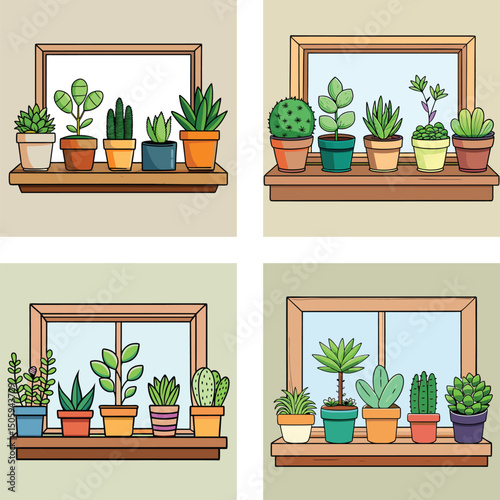 Cartoon Illustration Of Different House Plants In Pots On A Windowsill