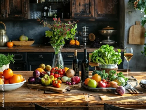Wallpaper Mural Fresh harvest display in a rustic kitchen with a variety of colorful vegetables and wine Torontodigital.ca