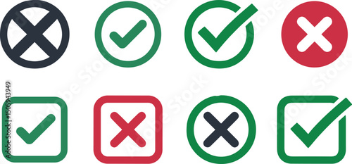 Collection of green and red checkmark and cross icons in circle and square shapes