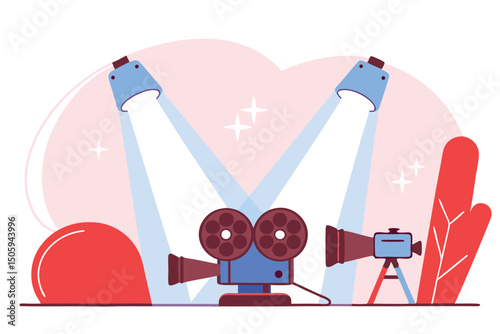 Colorful vector illustration of vintage movie cameras with stage lighting and simple background