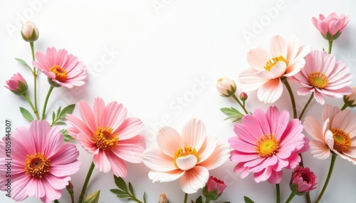 Delicate floral arrangement against pure white, pastel, photography, soft