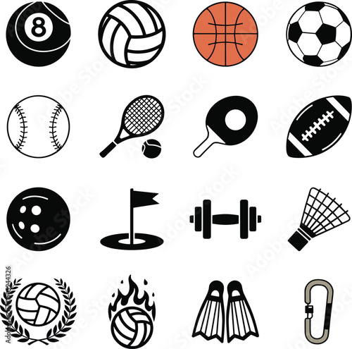 Collection of sport and fitness icons black and white illustrations