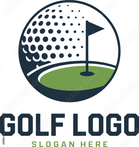 Modern golf logo design with golf ball and flag on green