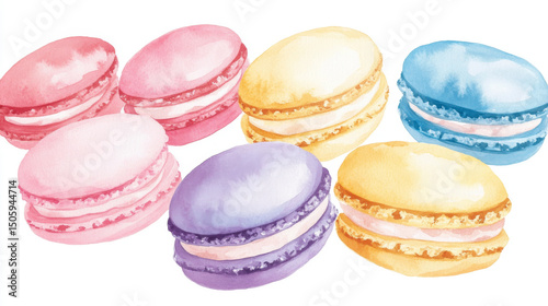 Colorful pastel macarons watercolor illustration showcasing modern desserts. concept of artistic dessert presentation, sweet treats delight, gourmet confectionery art