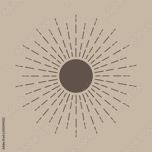 An icon with sun rays on a beige background. A sunbeam with lines. Retro logo in the form of a circle with radial rays. The sun is shaped like a star. Vector Eps 10.