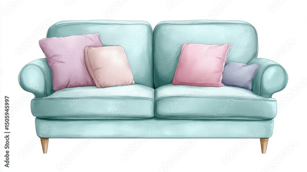 Naklejka premium Light blue sofa with pastel cushions on wooden legs