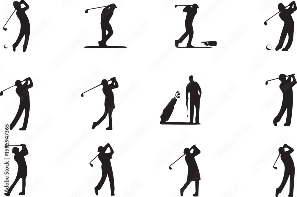 Obraz premium Black silhouettes set of professional golf players in different poses