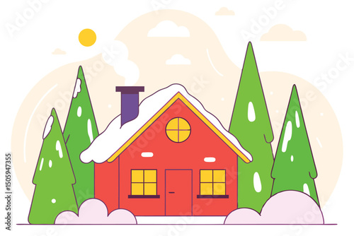 Cozy winter cabin illustration surrounded by evergreen trees with a golden sun and fluffy clouds