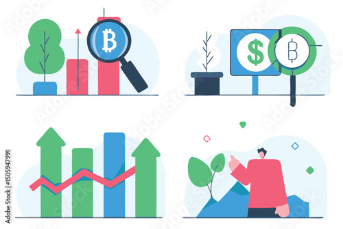 Cryptocurrency trading and financial analysis conceptual illustration with upward trend bar graphs