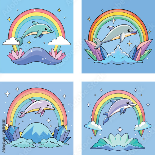 Four Colorful Cartoon Dolphins With Rainbows And Crystal Formations On Light Blue Background