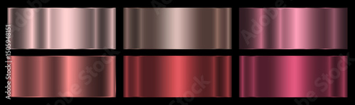 A set of terracotta metallic gradient with highlights on a black background. Polished glossy abstract background. The texture of the smooth foil, metal surface. Vector EPS 10.