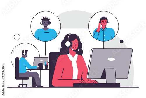 Customer support representatives assisting clients through remote communication and online assistance