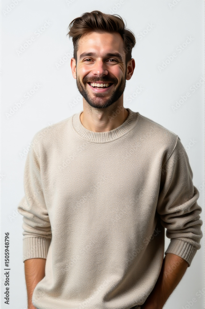 Obraz premium A smiling man with a beard wearing a sweater, great for casual or humorous scenes