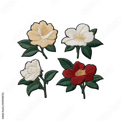 Four embroidered floral patches featuring yellow, white, and red flowers with green leaves, showcasing intricate stitching and vibrant colors. Perfect for clothing decoration