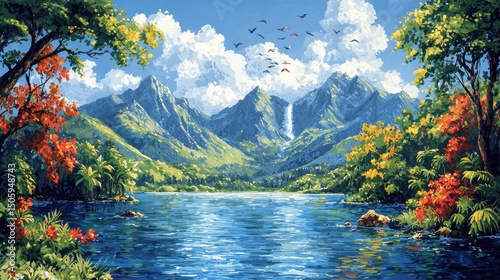Serene Mountain Landscape with Vibrant Trees and Flowing Waterfall
