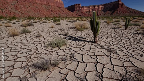 Cracked earth, scattered cacti punctuating rugged argentinian desert landscape, weathered red rock formations signaling dramatic environmental change