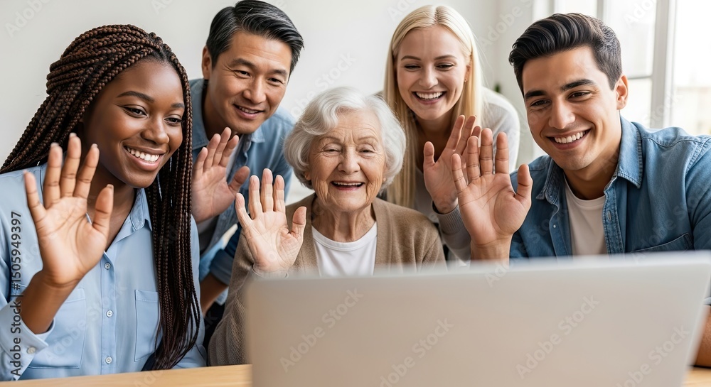 Fototapeta premium Group of diverse people of different generations smiling and waving during video call, light background.