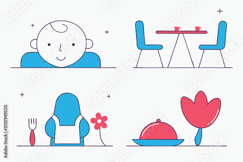 Cute minimalist vector illustrations representing everyday life activities and objects in a flat style